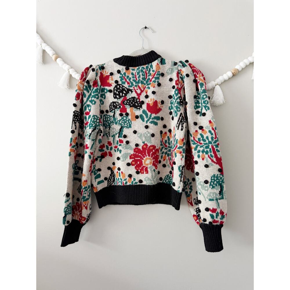 Farm Rio Mushroom Forest Puff Sleeve Knit Pullover Sweater Multi Womens Size XS - Picture 5 of 5